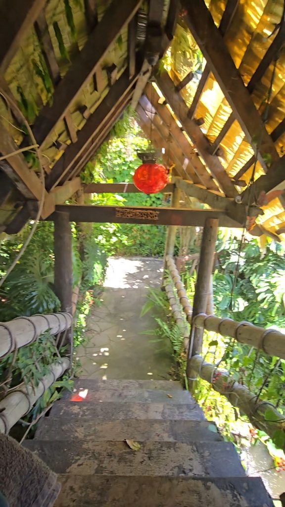 Bamboe trap en pergola met rode lampion, groene tuin rondom