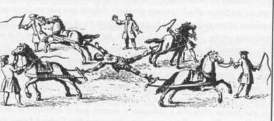 historische tekening gevierendeeld door vier paarden