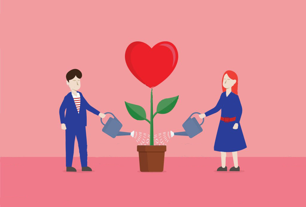 Illustratie van man en vrouw die samen een plant met een rood hart water geven – symbool voor het onderhouden van liefde en relatie.