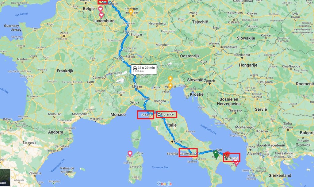 Routekaart van de zomervakantie naar Puglia met Pisa, Florence en Caserta.