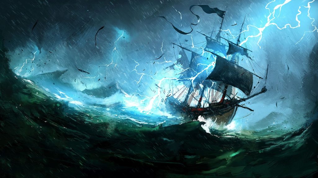Heftig stormweer met een schip – metafoor voor moeilijke periodes.