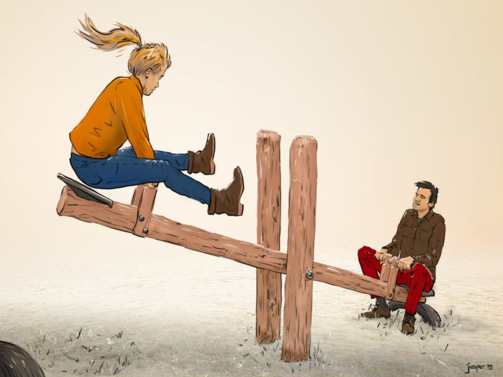 Balans tussen samen en apart in een relatie, weergegeven als wipwap