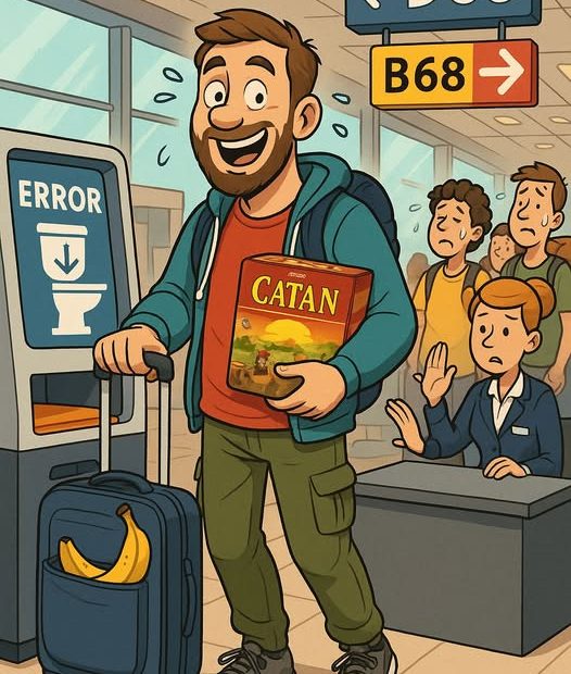 Cartoon van man op vliegveld met bordspel Catan en banaan in koffer tijdens bananencrisis op weg naar Madeira