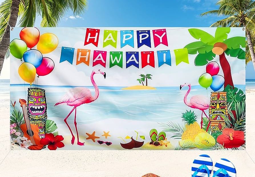 Tropische Hawaii decoratie met flamingo’s, ballonnen en palmbomen
