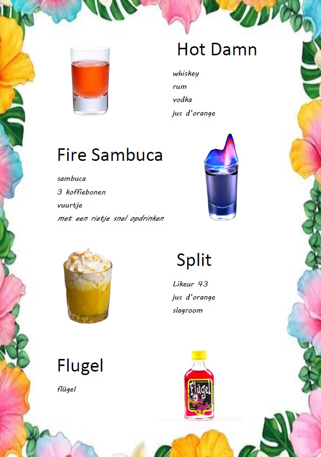 Shotjeskaart met kleurrijke drankjes voor een Hawaii themafeest