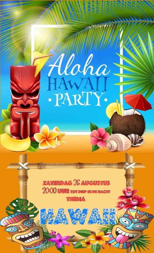 Kleurrijke uitnodiging voor een Hawaii themafeest met tiki en bloemen
