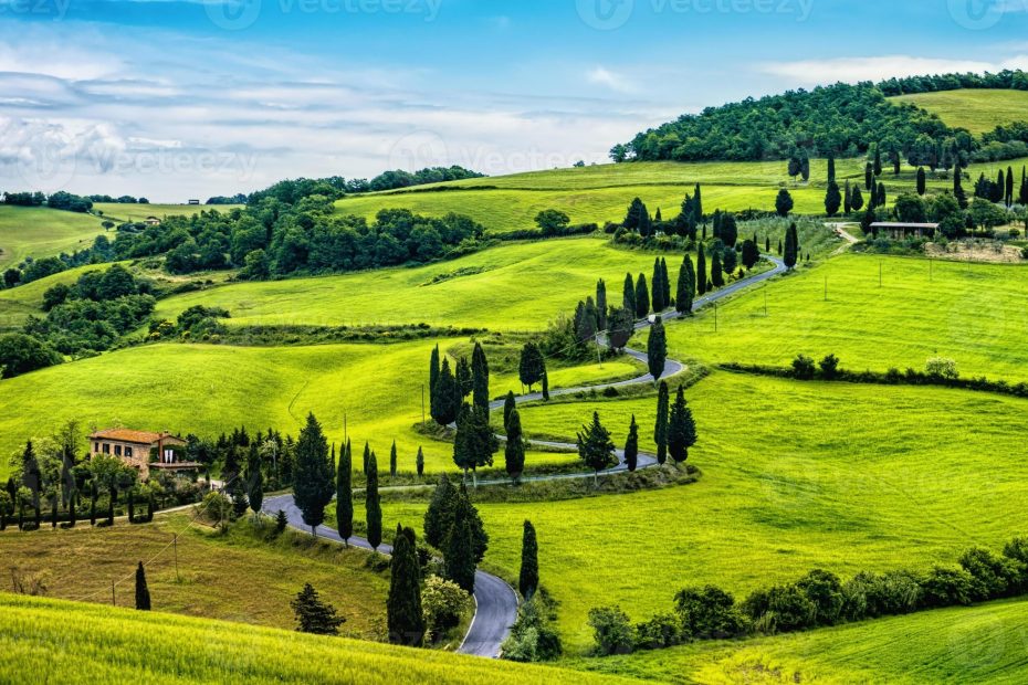 Slingerweg door groene heuvels van Toscane tijdens onze heenreis naar Italië